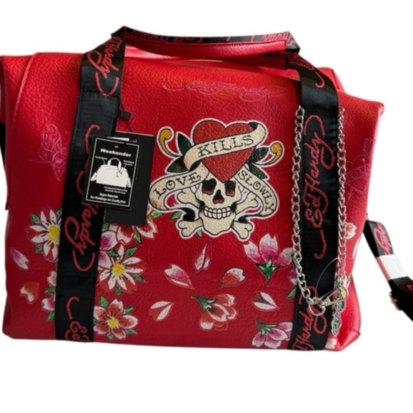 Ed Hardy Red Skull and Floral Tote - Picture 3 of 5